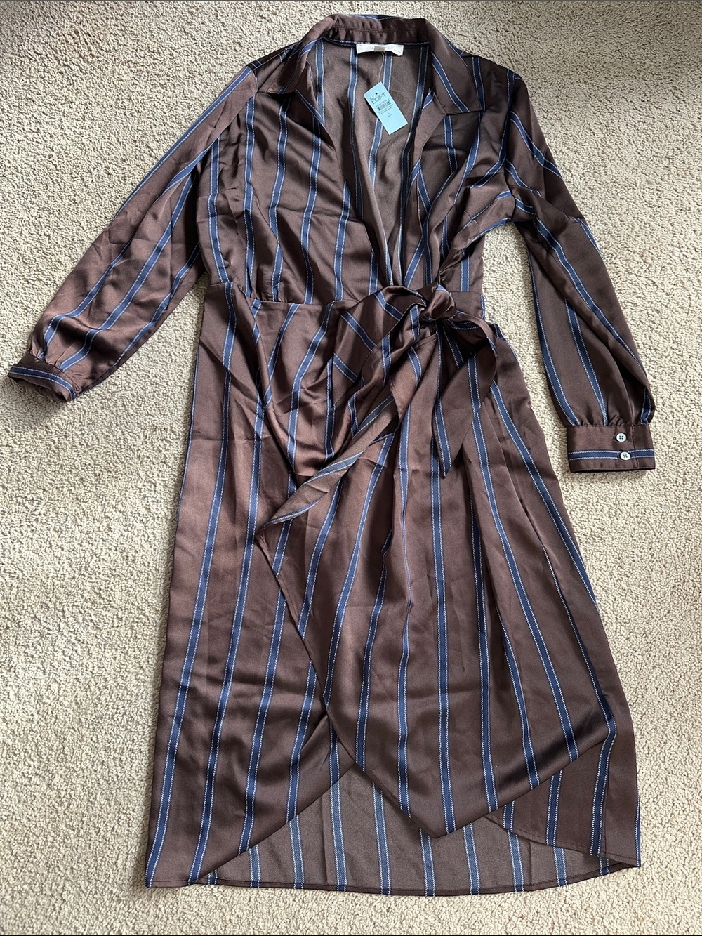 Loft Striped Brown Wrap Dress with Blue Accents size L petite